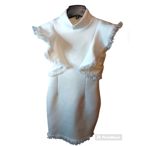 White Ruffled Angel Wings Dress Med fringe sleeves and hem - Picture 1 of 16